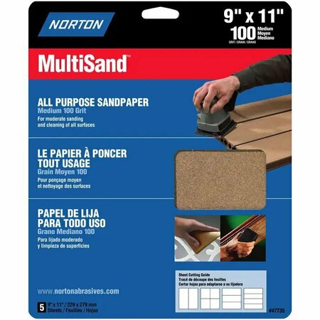 NORTON CO 9" x 11" MultiSand All Purpose Sanding Sheet 100-Grit, PK 5 47735